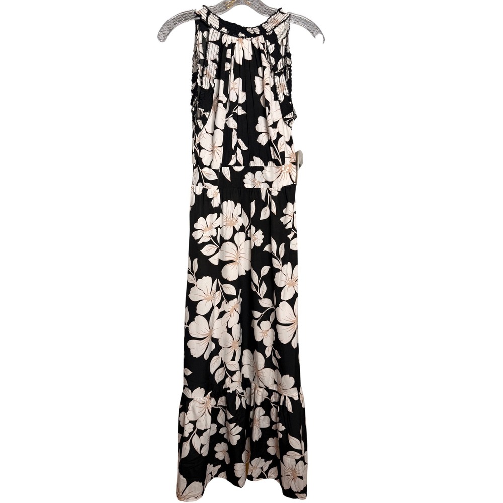 NWT Harlow & Rose Smocked Halter Maxi Dress Women Small Black Floral Boho Tiered